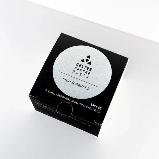 Delter Coffee Press filter papers box on white background, 350 pcs packaging