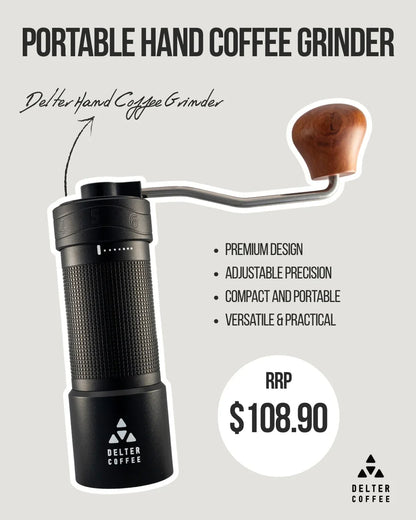 Delter portable hand coffee grinder with wood handle, black design, $108.90 price tag.