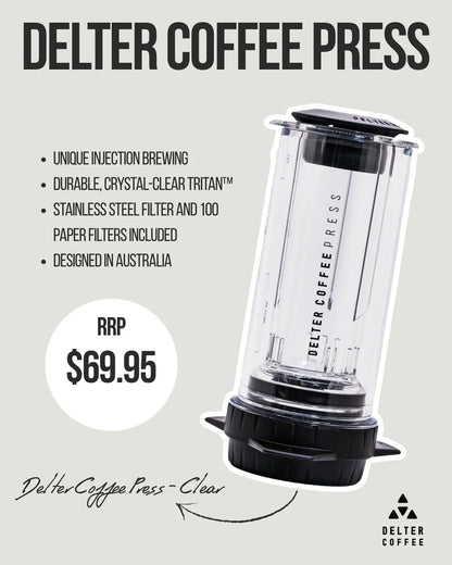 Delter Coffee Press clear coffee maker with stainless steel filter and price $69.95