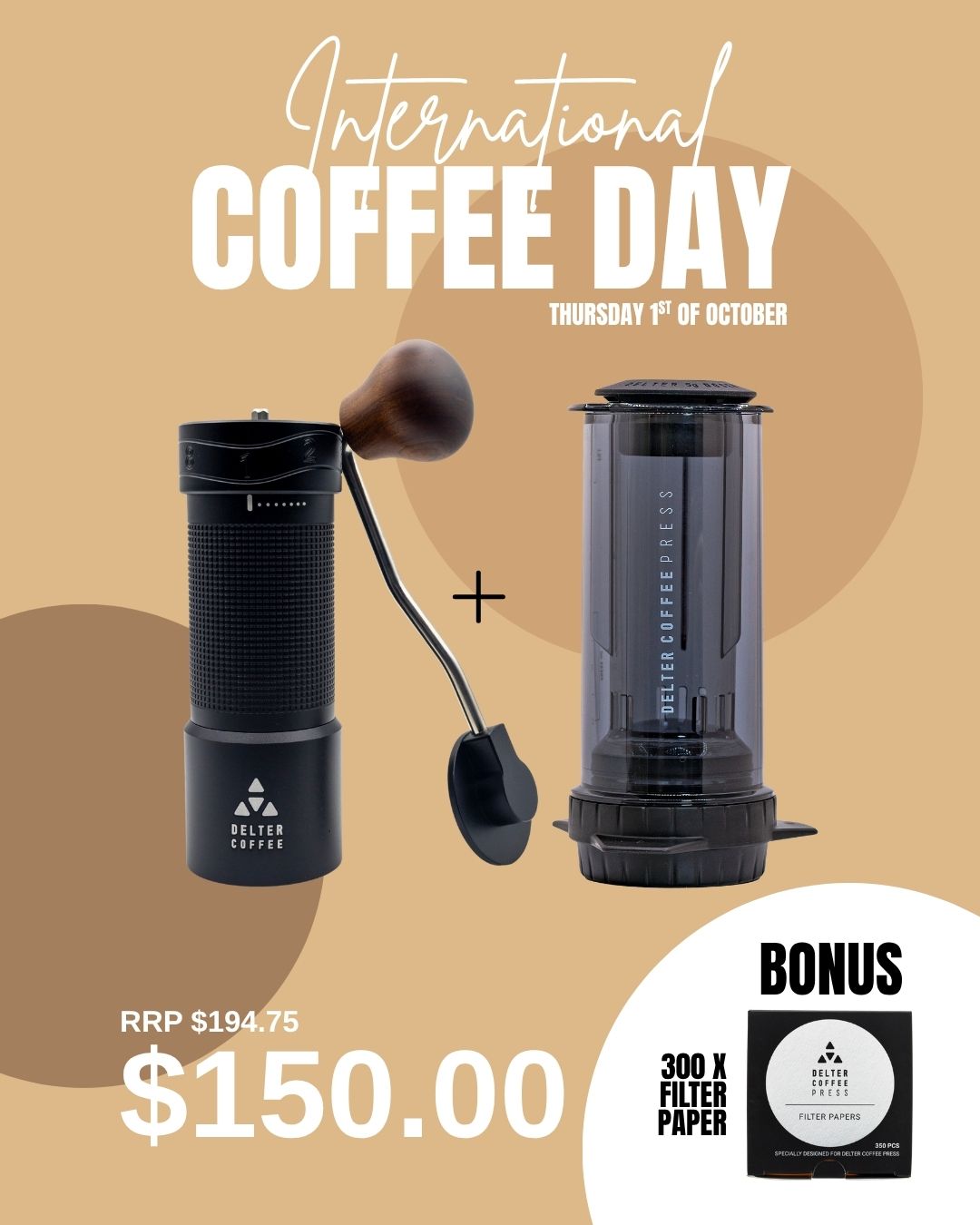Delter Coffee Press Grey + Hand Grinder Bundle with 300 Bonus Filters