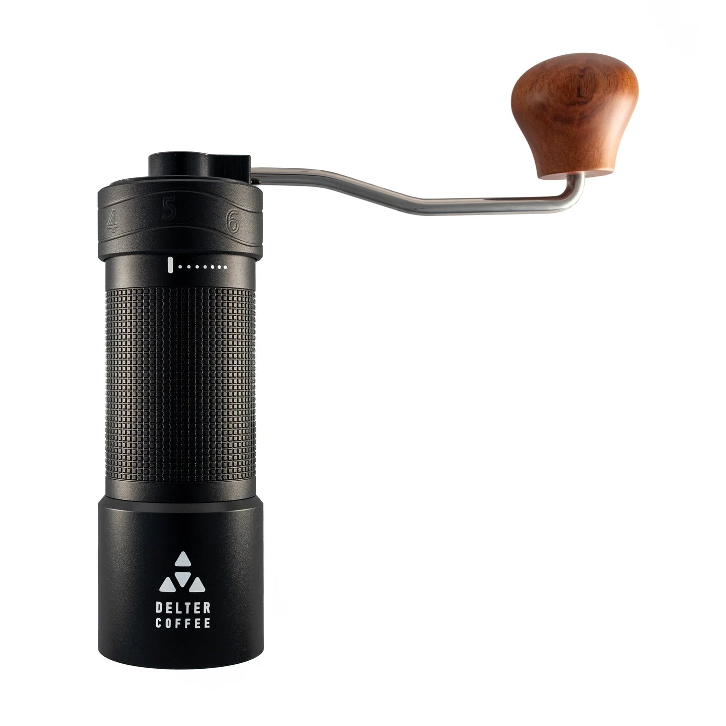 Delter Coffee Press portable manual coffee grinder with wooden handle on white background