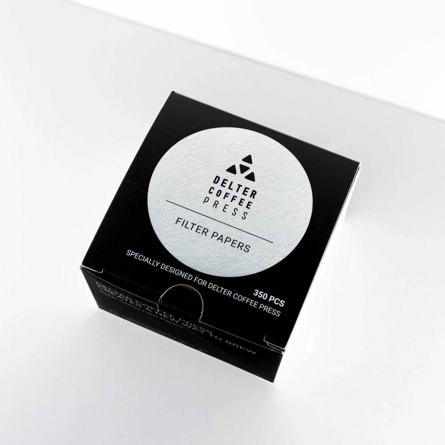Delter Coffee Press filter papers box on white background, 350 pcs packaging