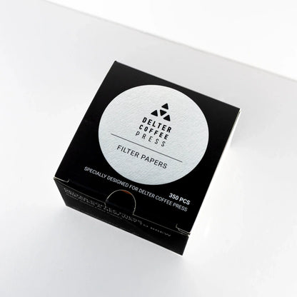 Delter Coffee Press filter papers box on white background, 350 pcs packaging